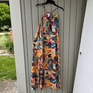 NWT Nicole Miller  Satin Watercolor Abstract Print Maxi Dress, S, Pockets